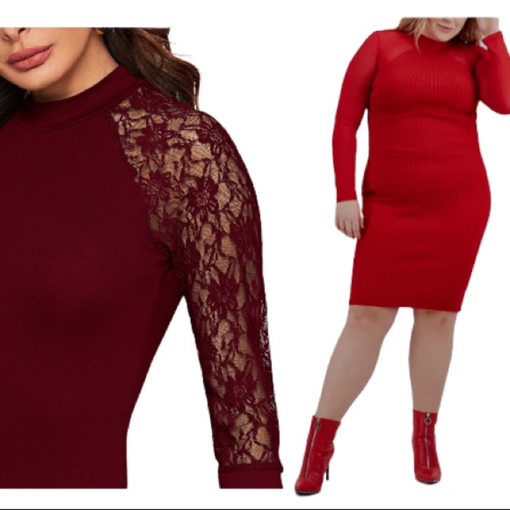 Dress midi wine red lace LongSleeve fashion mock turtleneck plus